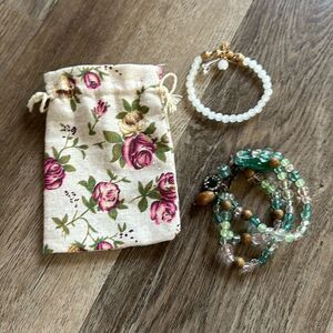 NEW Bundle (2) Handmade Beaded Bracelets with Drawstring Bag